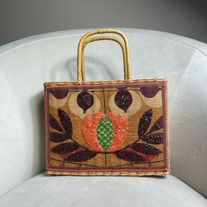 Unique Boho Chic Beaded Peach Wicker Bag Purse
